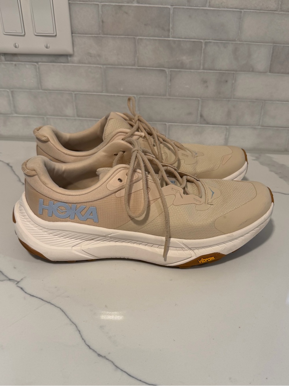 Hoka Beige and White Athletic Running Shoes
